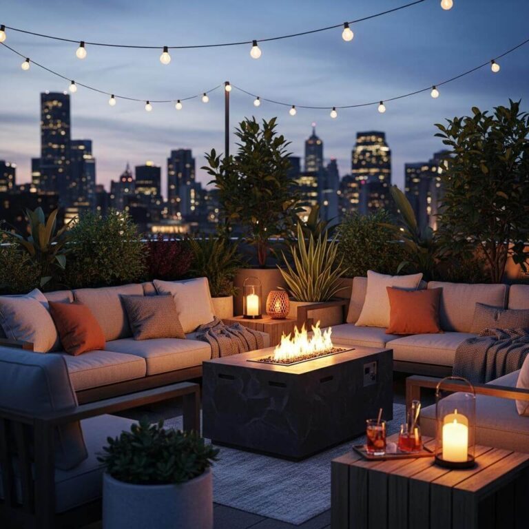Rooftop lounge with string lights at dusk