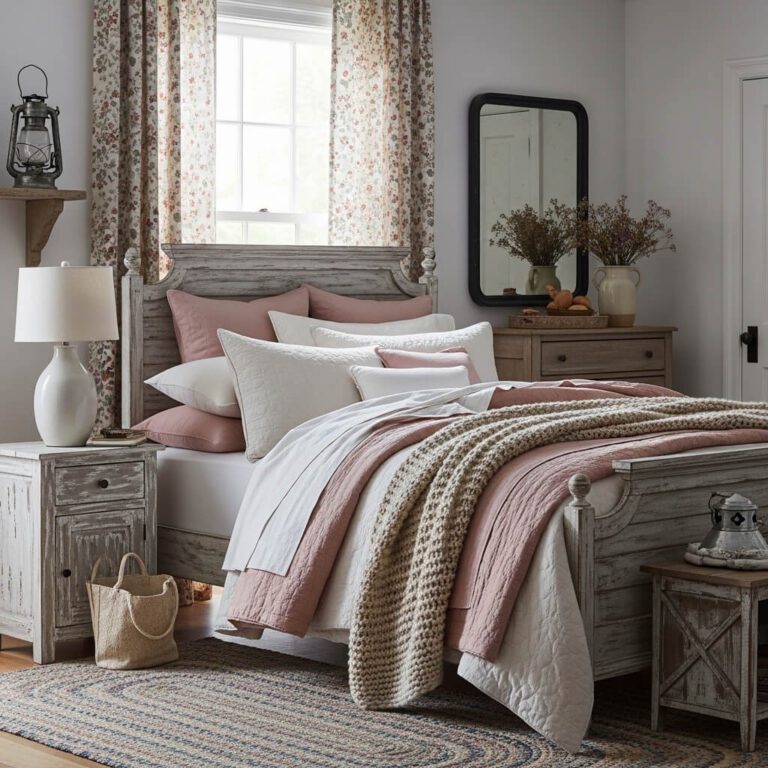 Soft pink and white bedroom with layered bedding
